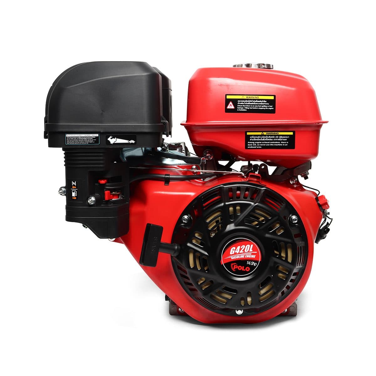 POLO เครื่องยนต์ เบนซิน 4 จังหวะ กำลังเครื่องยนต์ 14.0 แรงม้า รุ่น G420L สำหรับเรือหางยาว ความจุกระบอกสูบ 420 ซีซี ถังน้ำมัน 6.5 ลิตร สตาร์ท