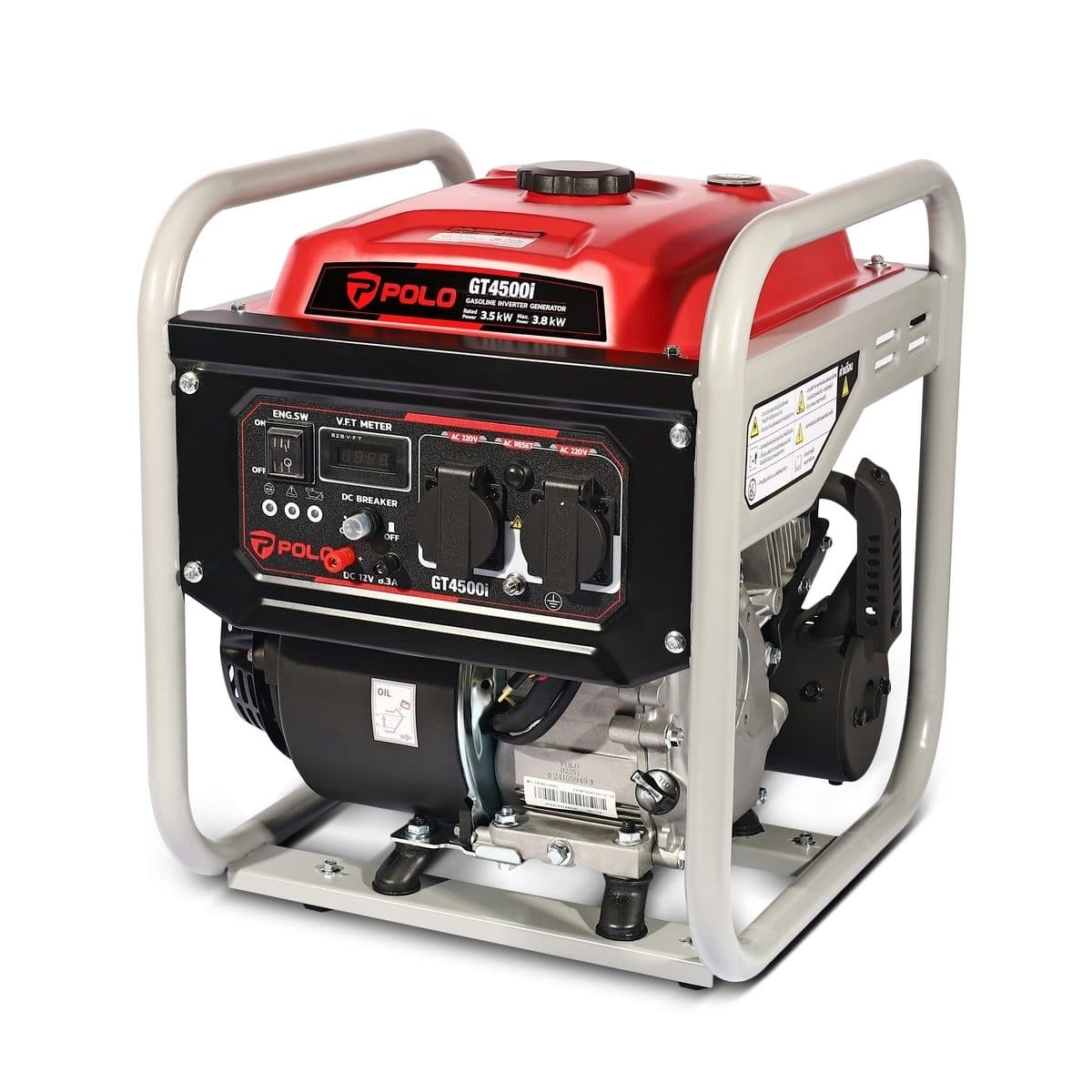 POLO เครื่องปั่นไฟเบนซิน Inverter กำลังไฟ 3.5 กิโลวัตต์ กำลังเครื่องยนต์ 7.5 แรงม้า รุ่น GT4500I กระบอกสูบ 223 ซีซี ถังน้ำมัน 7.5 ลิตร สตาร์