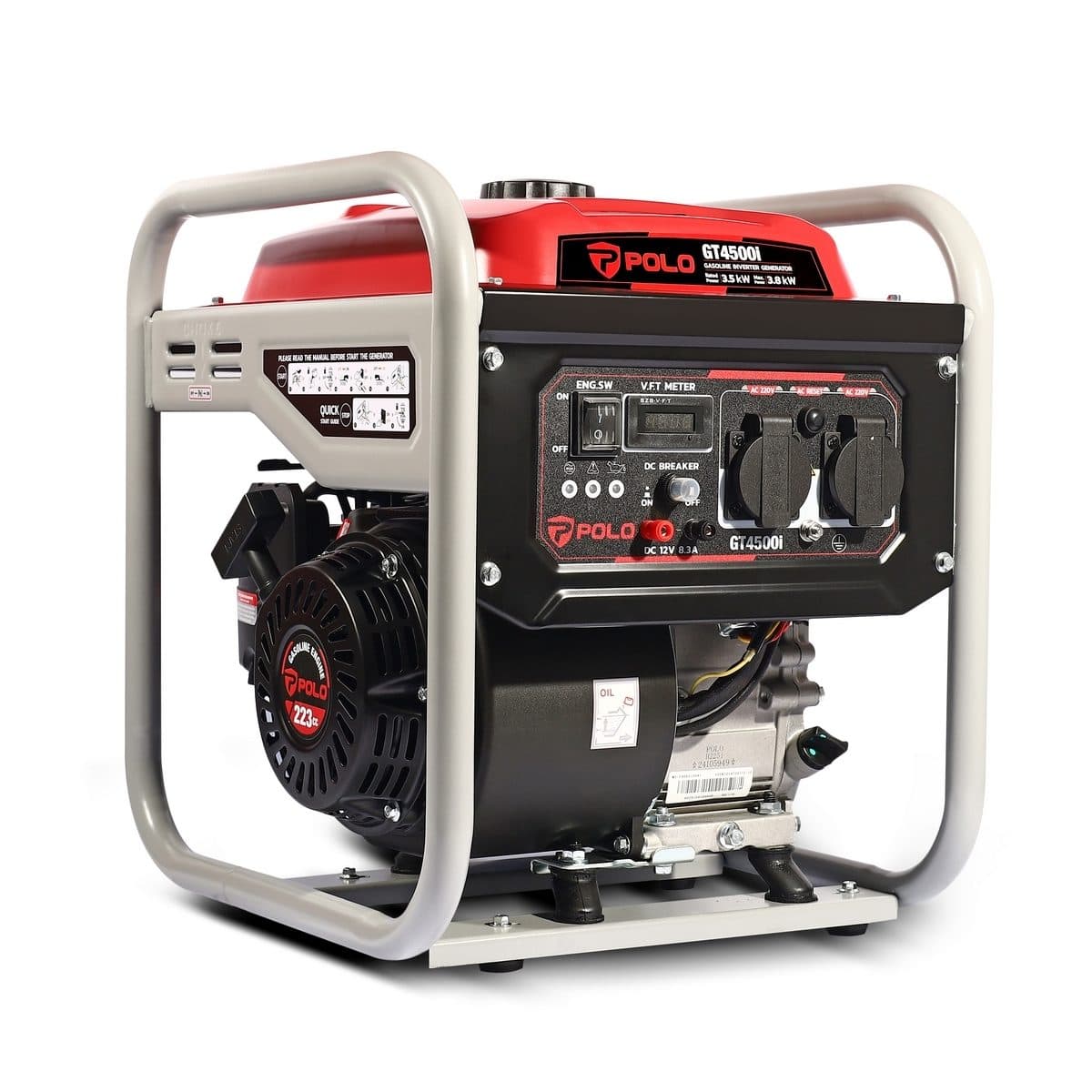 POLO เครื่องปั่นไฟเบนซิน Inverter กำลังไฟ 3.5 กิโลวัตต์ กำลังเครื่องยนต์ 7.5 แรงม้า รุ่น GT4500I กระบอกสูบ 223 ซีซี ถังน้ำมัน 7.5 ลิตร สตาร์