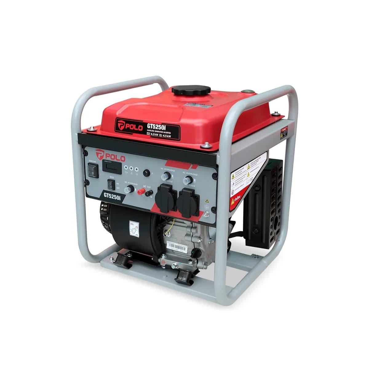 POLO เครื่องปั่นไฟเบนซิน Inverter กำลังไฟ 4.2 กิโลวัตต์ กำลังเครื่องยนต์ 7.5 แรงม้า รุ่น GT5250I กระบอกสูบ 223 ซีซี ถังน้ำมัน 11 ลิตร สตาร์ท