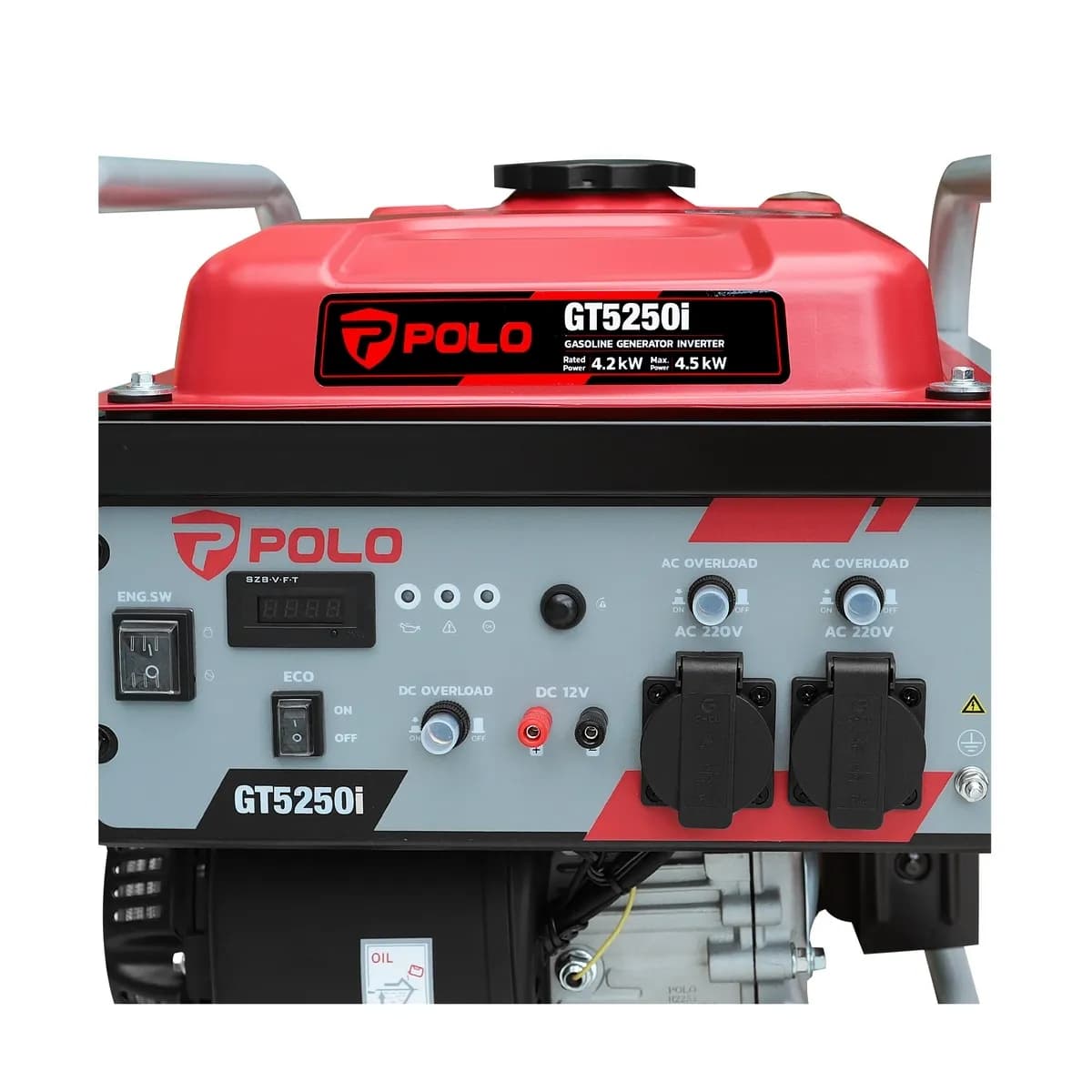 POLO เครื่องปั่นไฟเบนซิน Inverter กำลังไฟ 4.2 กิโลวัตต์ กำลังเครื่องยนต์ 7.5 แรงม้า รุ่น GT5250I กระบอกสูบ 223 ซีซี ถังน้ำมัน 11 ลิตร สตาร์ท