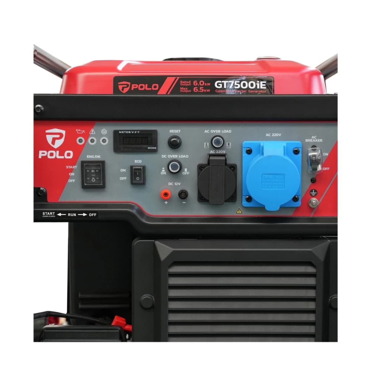 POLO เครื่องปั่นไฟเบนซินระบบ Inverter (รุ่นเปิด) กำลังไฟ 6.5 กิโลวัตต์ รุ่น GT7500iE กระบอกสูบ 305 ซีซี ถังน้ำมัน 17 ลิตร สตาร์ทมือและสตาร์ท