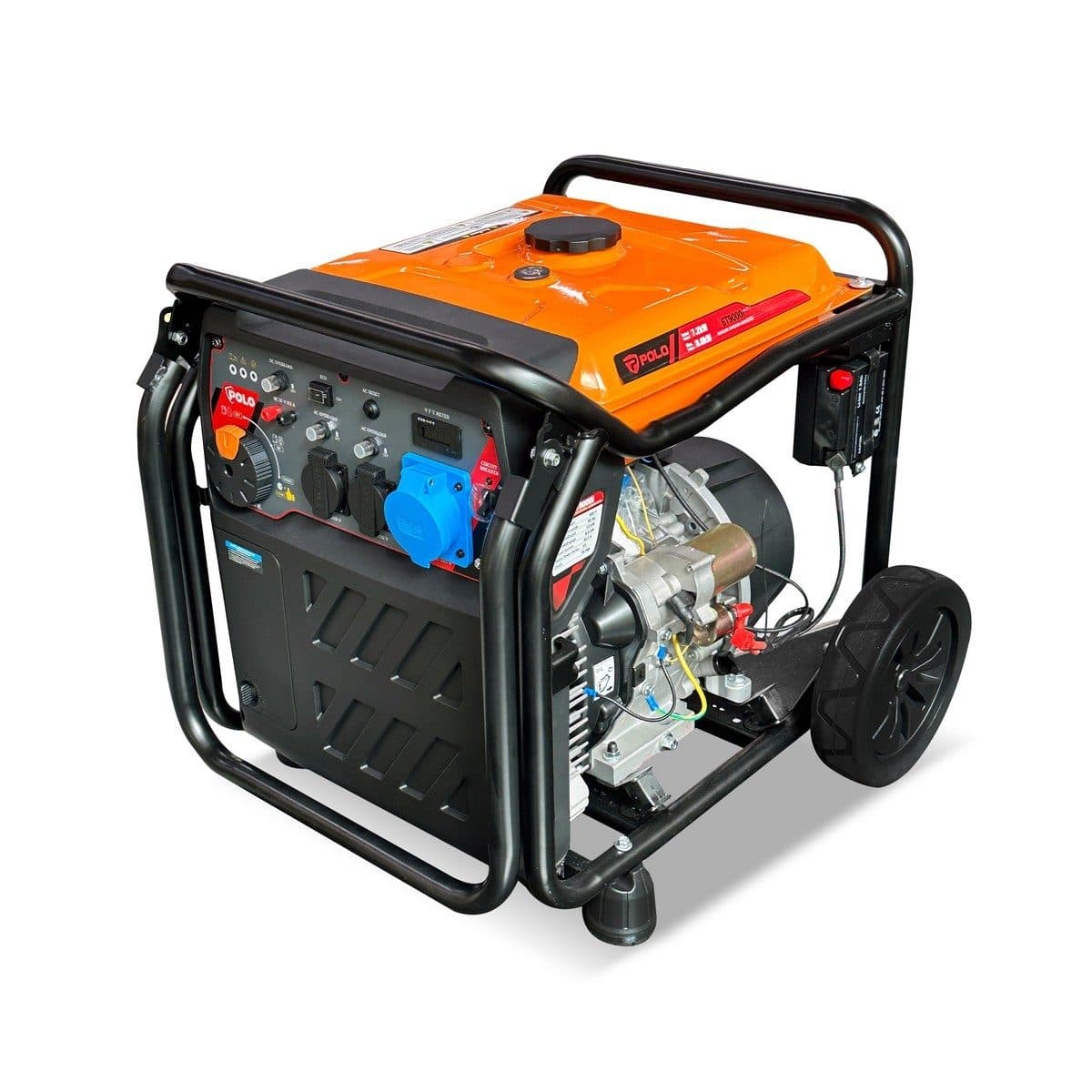 POLO เครื่องปั่นไฟเบนซิน Inverter กำลังไฟ 7.2 กิโลวัตต์ กำลังเครื่องยนต์ 16 แรงม้ารุ่น GT9000I กระบอกสูบ 458 ซีซี ถังน้ำมัน 20 ลิตร สตาร์ทไฟ