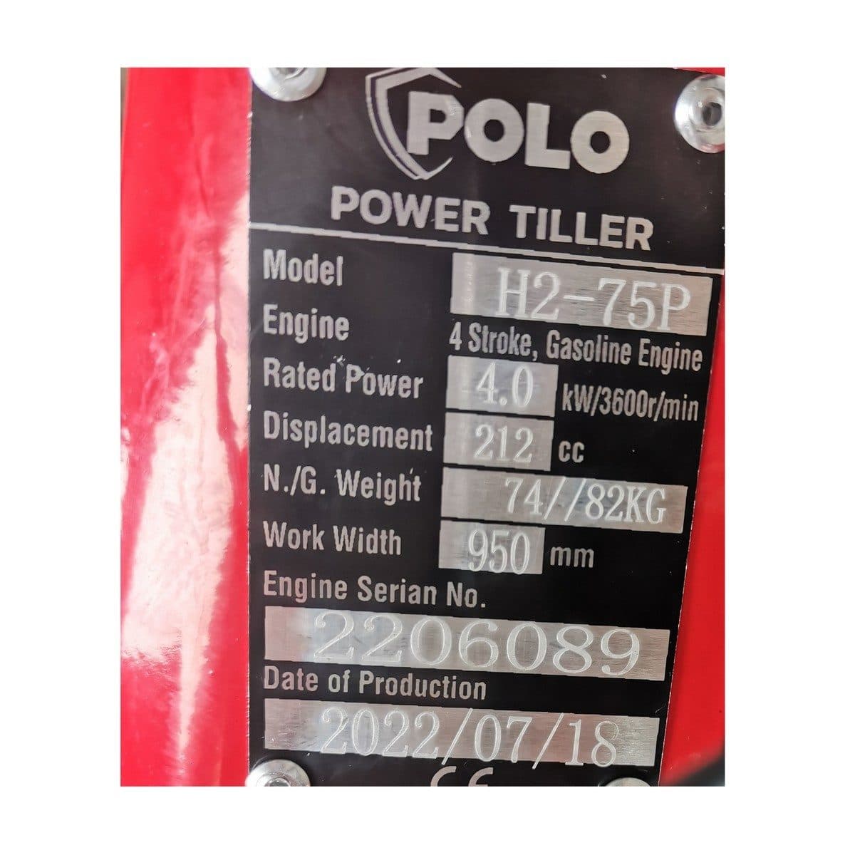 POLO เครื่องพรวนดินสตาร์ทมือ เครื่องยนต์ 7.0 แรงม้า (212 ซีซี) รุ่น H2-75P ความกว้างการพรวน 1000 มม. ความลึกการพรวน >100 มม. ขับเคลื่อนด้