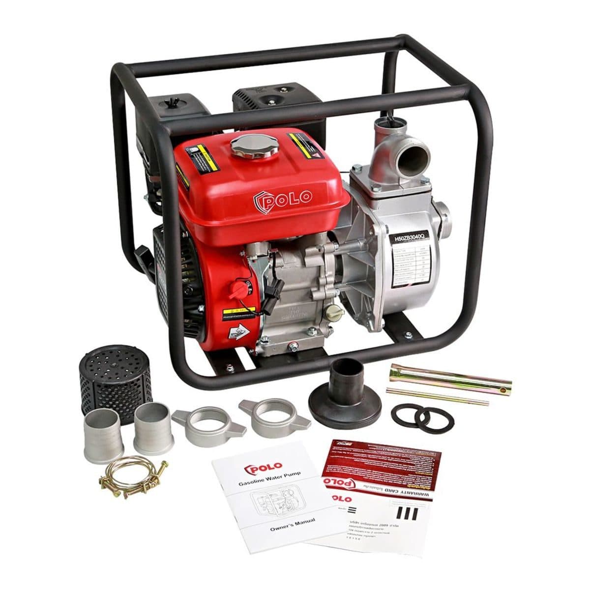 POLO ปั๊มน้ำเครื่องยนต์เบนซิน 4 จังหวะ 6.5 แรงม้า สตาร์ทมือ รุ่น H50ZB3040Q ท่อ 2 นิ้ว ดูดลึก 7 ม. ส่งสูง 26 ม. ปริมาณน้ำสูงสุด 28 ลบ.ม./ชม.