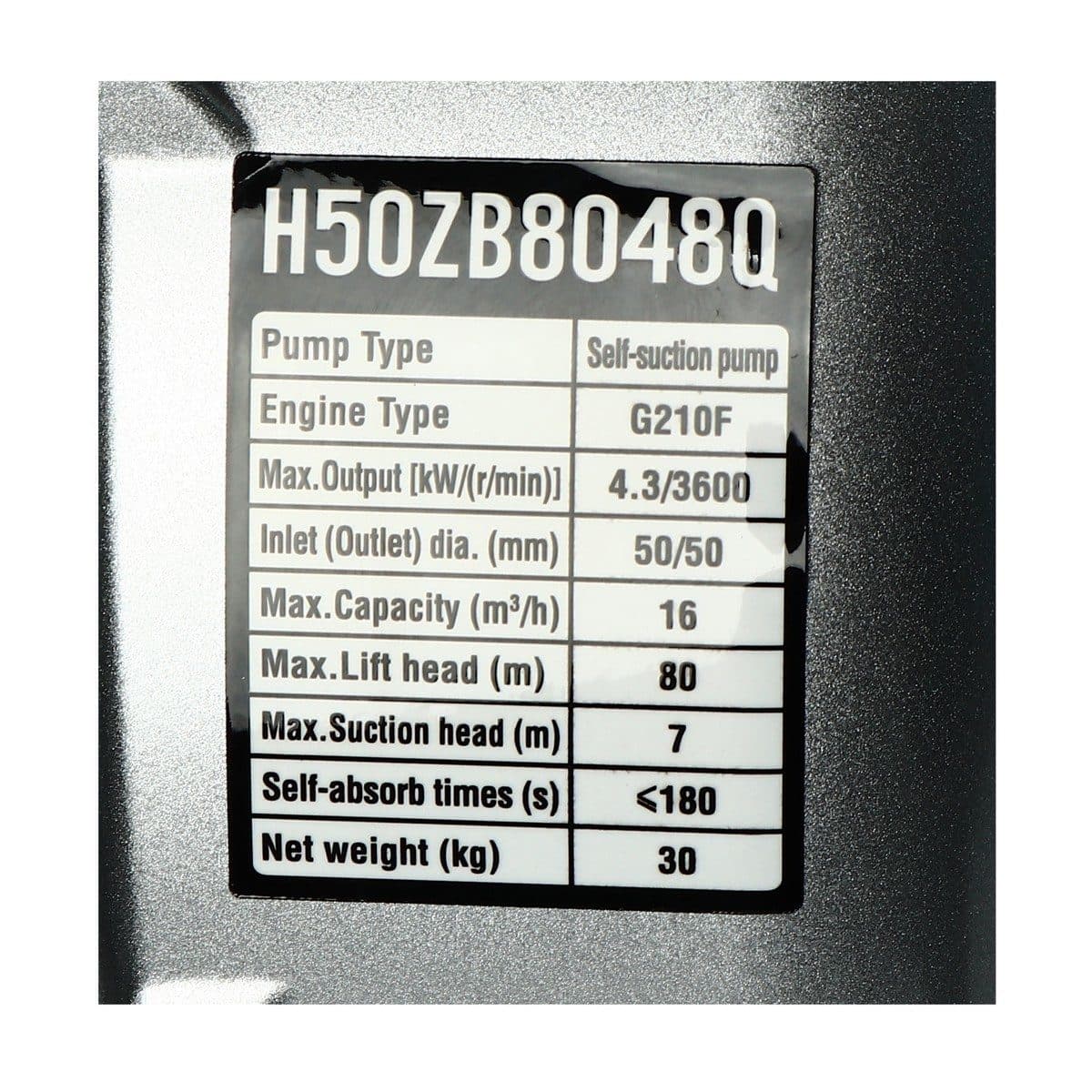 POLO ปั๊มน้ำเครื่องยนต์เบนซิน 4 จังหวะ 6.5 แรงม้า สตาร์ทมือ รุ่น H50ZB8048Q ท่อ 2 นิ้ว ดูดลึก 7 ม. ส่งสูง 80 ม. ปริมาณน้ำสูงสุด 15 ลบ.ม./ชม.