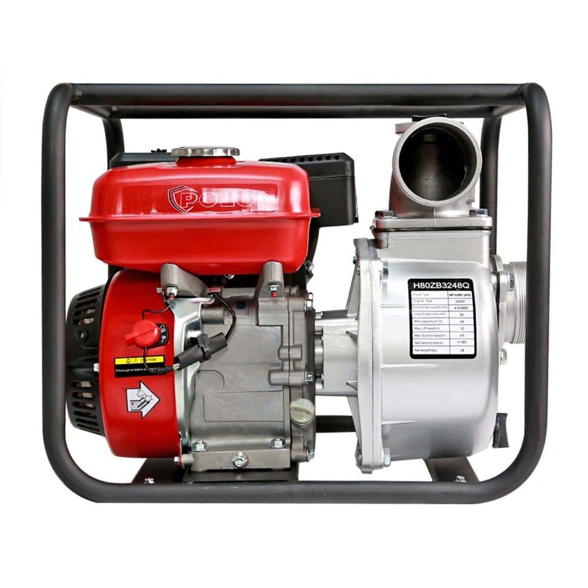 POLO ปั๊มน้ำเครื่องยนต์เบนซิน 4 จังหวะ 7.0 แรงม้า สตาร์ทมือ รุ่น H80ZB3248Q ท่อ 3 นิ้ว ดูดลึก 7 ม. ส่งสูง 32 ม. ปริมาณน้ำสูงสุด 60 ลบ.ม./ชม.