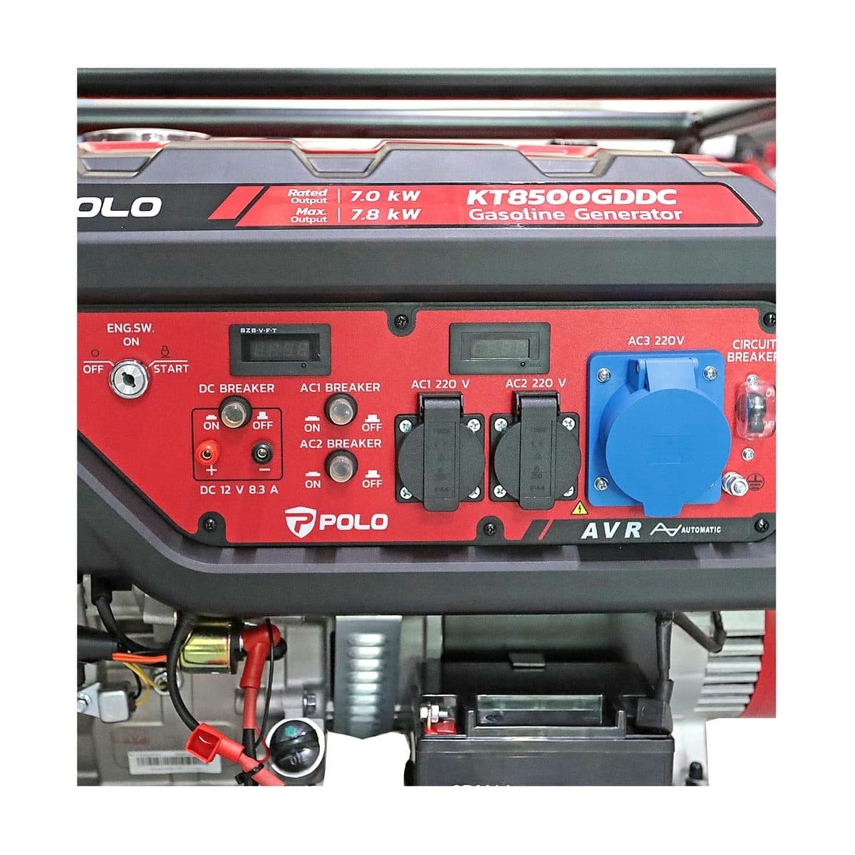 POLO เครื่องปั่นไฟเบนซิน กำลังไฟออกสูงสุด 7.8 กิโลวัตต์ รุ่น KT8500GDDC กระบอกสูบ 490 ซีซี ถังน้ำมัน 25 ลิตร สตาร์ทมือและสตาร์ทไฟฟ้า (โปโล)