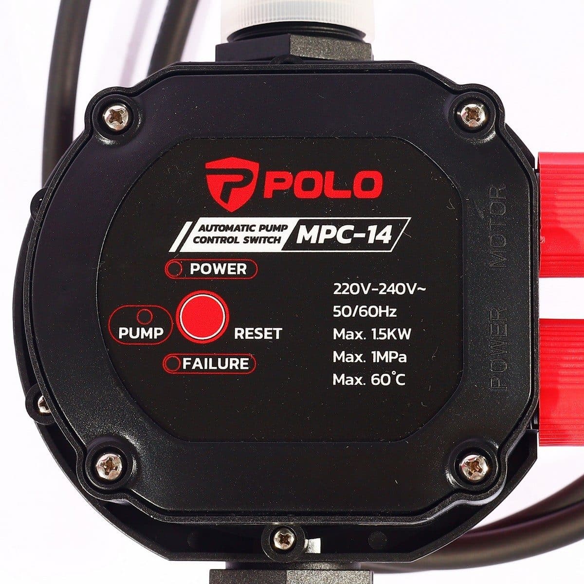 POLO สวิตช์ควบคุมปั๊มน้ำอัตโนมัติ 1.5 กิโลวัตต์ แรงดันลมสูงสุด 10 บาร์ รุ่น MPC-14 ปรับแรงดันได้ พร้อมระบบ Smart Control สายไฟยาว 50 ซม. พร้