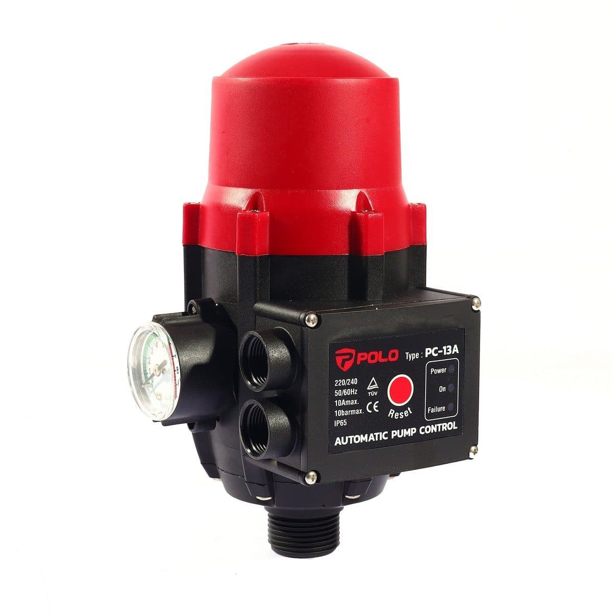POLO สวิทช์ปั๊มน้ำอัตโนมัติแบบมีเกจ 1100 วัตต์ แรงดัน 10 บาร์ รุ่น PC-13A เกลียวนอก 1 นิ้ว อุณหภูมิสูงสุด 40 - 60°C เปลี่ยนปั๊มน้ำธรรมดาให้ก