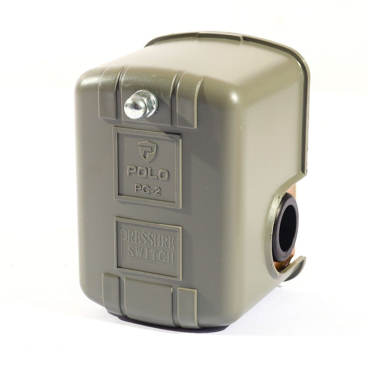 POLO สวิทช์แรงดัน 220 โวลต์ 1.38 - 2.76 บาร์ (20 - 40 PSI) รุ่น PC-2 เกลียวใน 1/4 นิ้ว อุณหภูมิสูงสุด 40-60°C ระดับการป้องกันน้ำ กับฝุ่น IP2