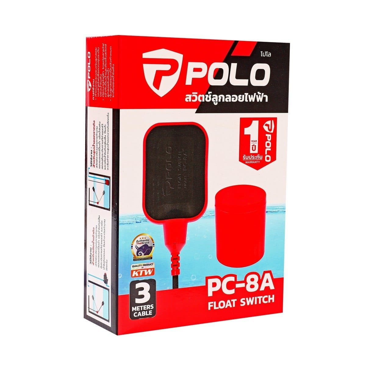 POLO สวิทช์ลูกลอยไฟฟ้า 220 โวลต์ 16 แอมป์ รุ่น PC-8A อุณหภูมิสูงสุด 50°C ระดับการป้องกันน้ำ กับฝุ่น IP68 (โปโล)