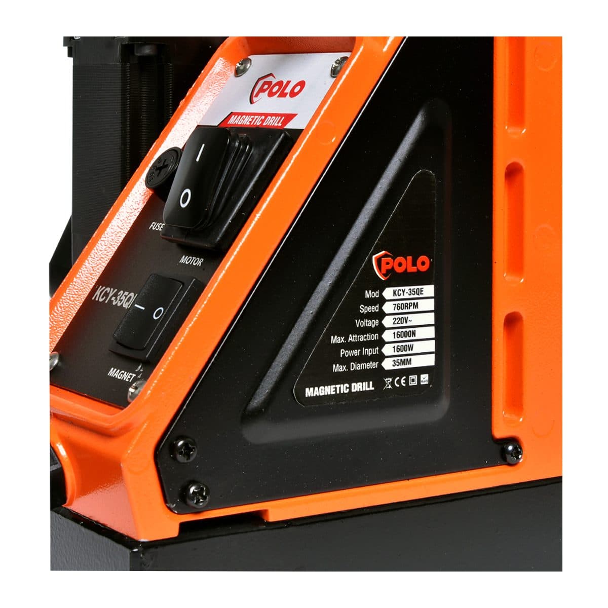 POLO สว่านแท่นแม่เหล็ก ขนาด 35 มม. กำลังไฟฟ้า 1,600 วัตต์ รุ่น KCY-35QE ความเร็วรอบ 760 รอบ/นาที แรงดูดแม่เหล็ก 16,000 N (โปโล)