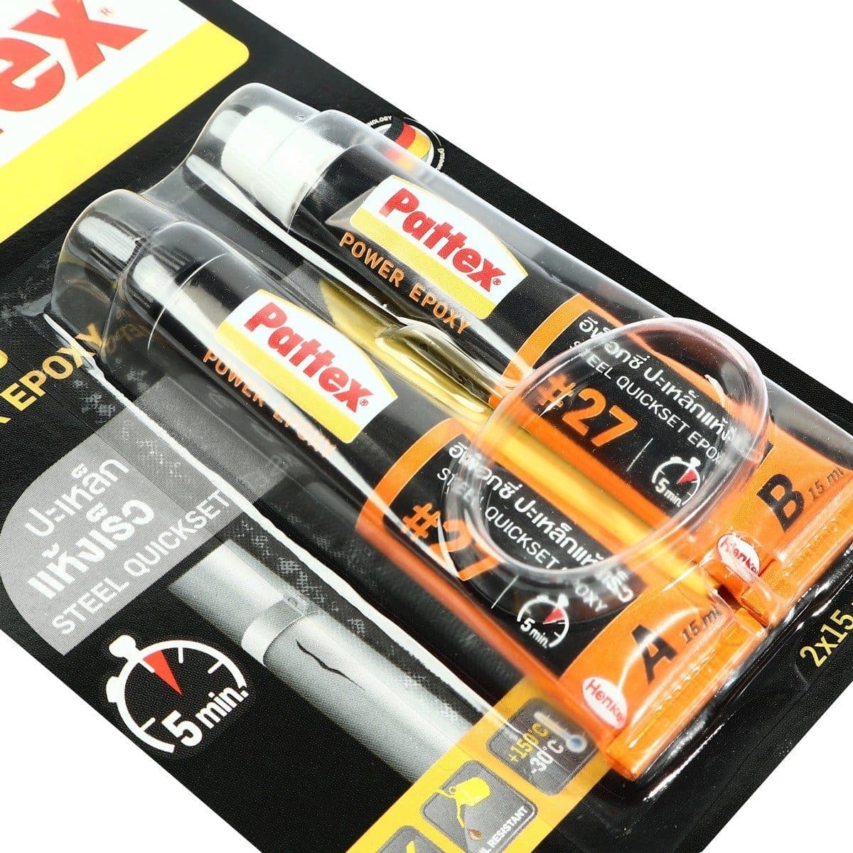 PATTEX (แพทเท็คส์) กาวอีพ๊อกซี่ปะเหล็ก ชนิดแห้งเร็ว #27 สามารถใช้ได้ดีกับเหล็ก อลูมิเนียม สแตนเลส และวัสดุที่เป็นโลหะ