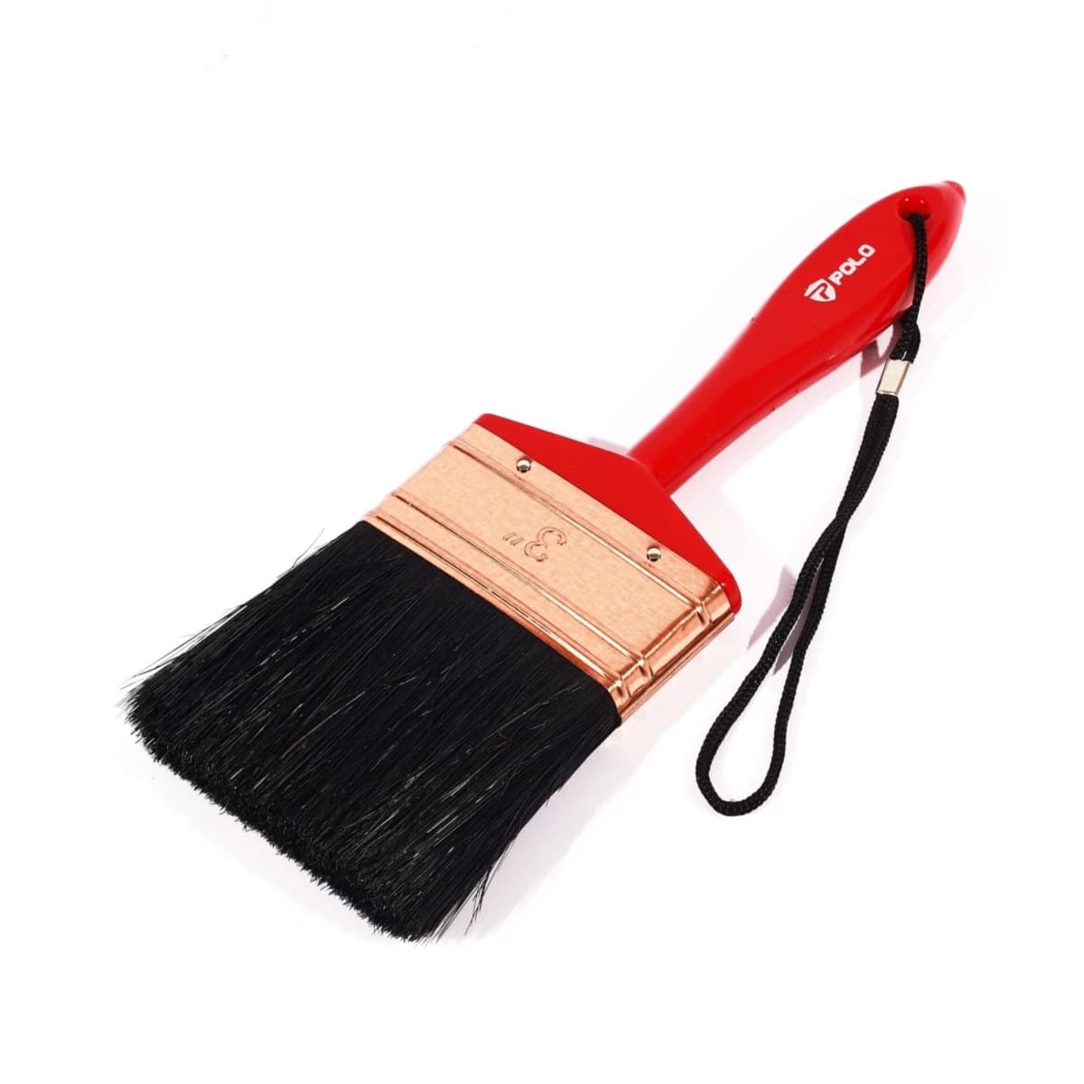 POLO แปรงทาสีขนดำ ขนาด 3 นิ้ว รุ่น PM ด้ามน้ำเงิน ทำจากขนสัตว์ 70% + พลาสติก 30% แข็งแรง ทนทาน พร้อมเชือก (12 ชิ้น/กล่อง) (โปโล)