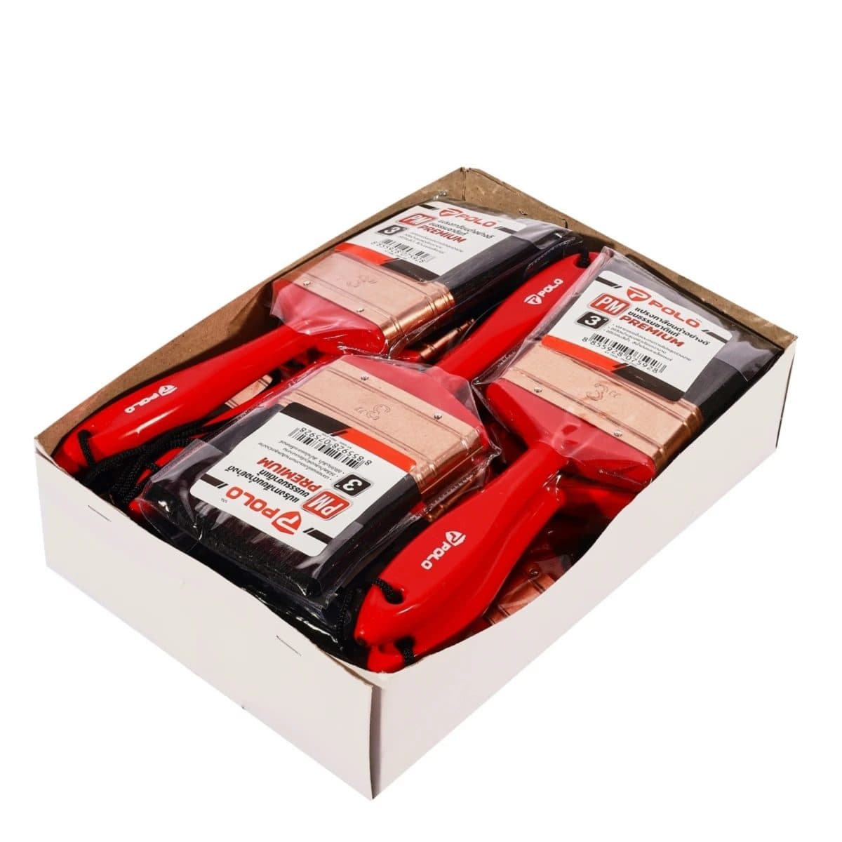 POLO แปรงทาสีขนดำ ขนาด 3 นิ้ว รุ่น PM ด้ามน้ำเงิน ทำจากขนสัตว์ 70% + พลาสติก 30% แข็งแรง ทนทาน พร้อมเชือก (12 ชิ้น/กล่อง) (โปโล)