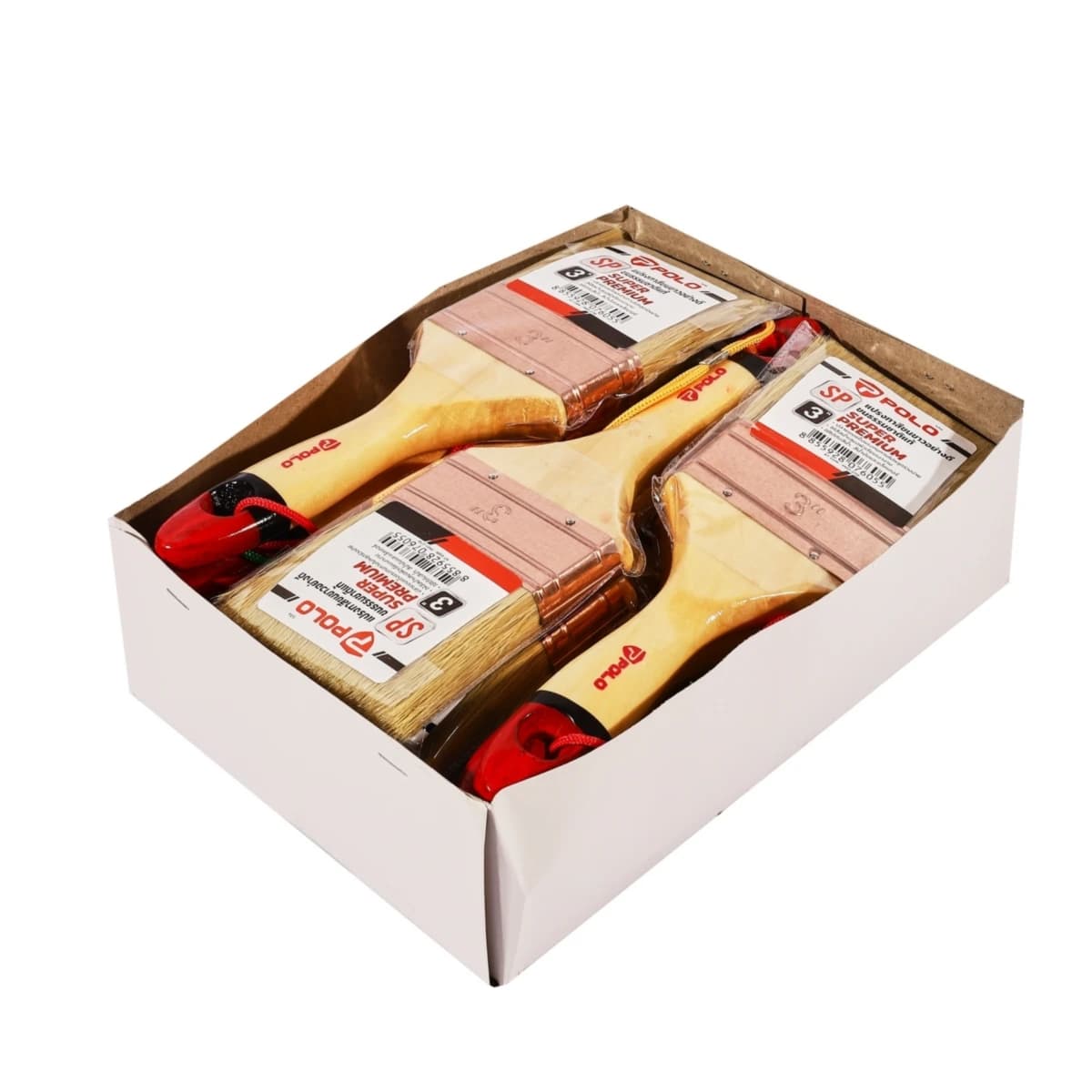 POLO แปรงทาสีขนขาว ขนาด 3 นิ้ว รุ่น SP ด้ามไม้ ทำจากขนสัตว์ 70% + พลาสติก 30% แข็งแรง ทนทาน (12 ชิ้น/กล่อง) (โปโล)