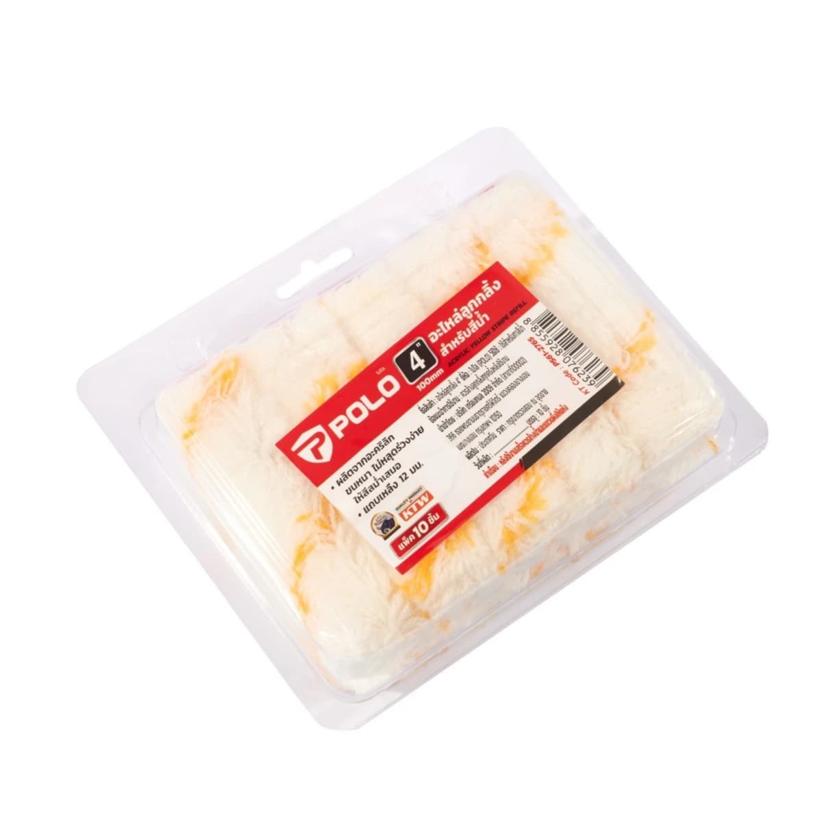 POLO ลูกกลิ้งทาสีน้ำแถบเหลือง 4 นิ้ว ผลิตจากอะคริลิก ขนหนา ไม่หลุดร่วงง่าย ให้สีสม่ำเสมอ บรรจุ 10ชิ้น/แพ็ค (โปโล)