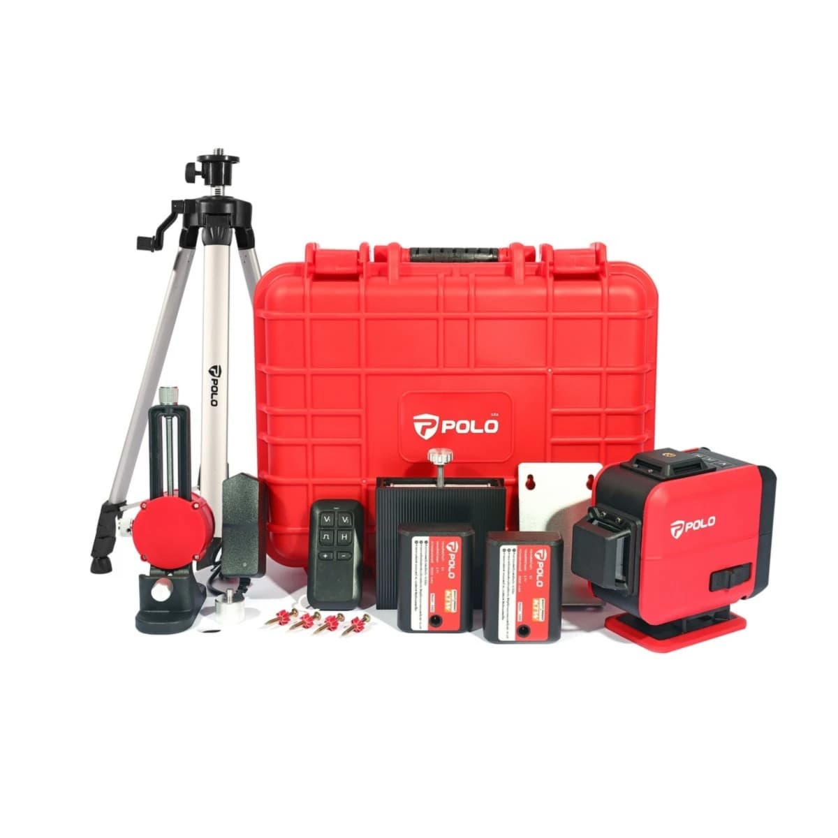 POLO เครื่องวัดระดับเลเซอร์แสงเขียว 12 เส้น และถ่านแบตเตอรี่ Li-ion 2 ก้อน รุ่น E801 พร้อมขาตั้ง 1.5 เมตร (โปโล)