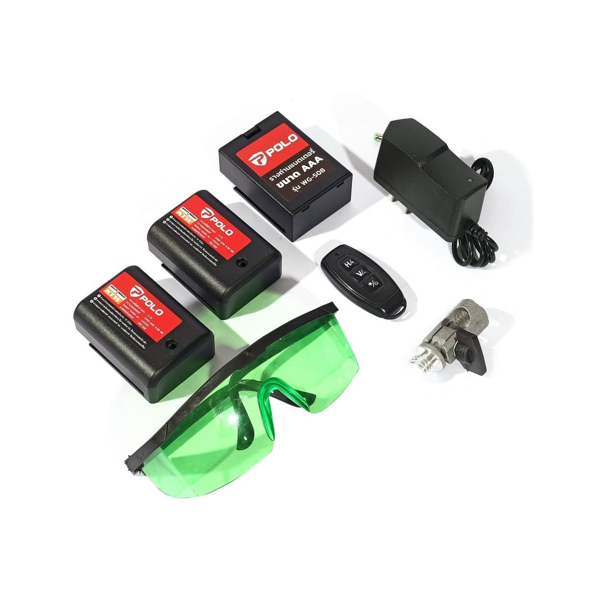 POLO เครื่องวัดระดับเลเซอร์แสงเขียว 5 เส้น และถ่านแบตเตอรี่ Li-ion 2 ก้อน รุ่น WG-508 พร้อมขาตั้ง 1.2 เมตร สำหรับใช้ภายในอาคาร และภายนอกอาคา