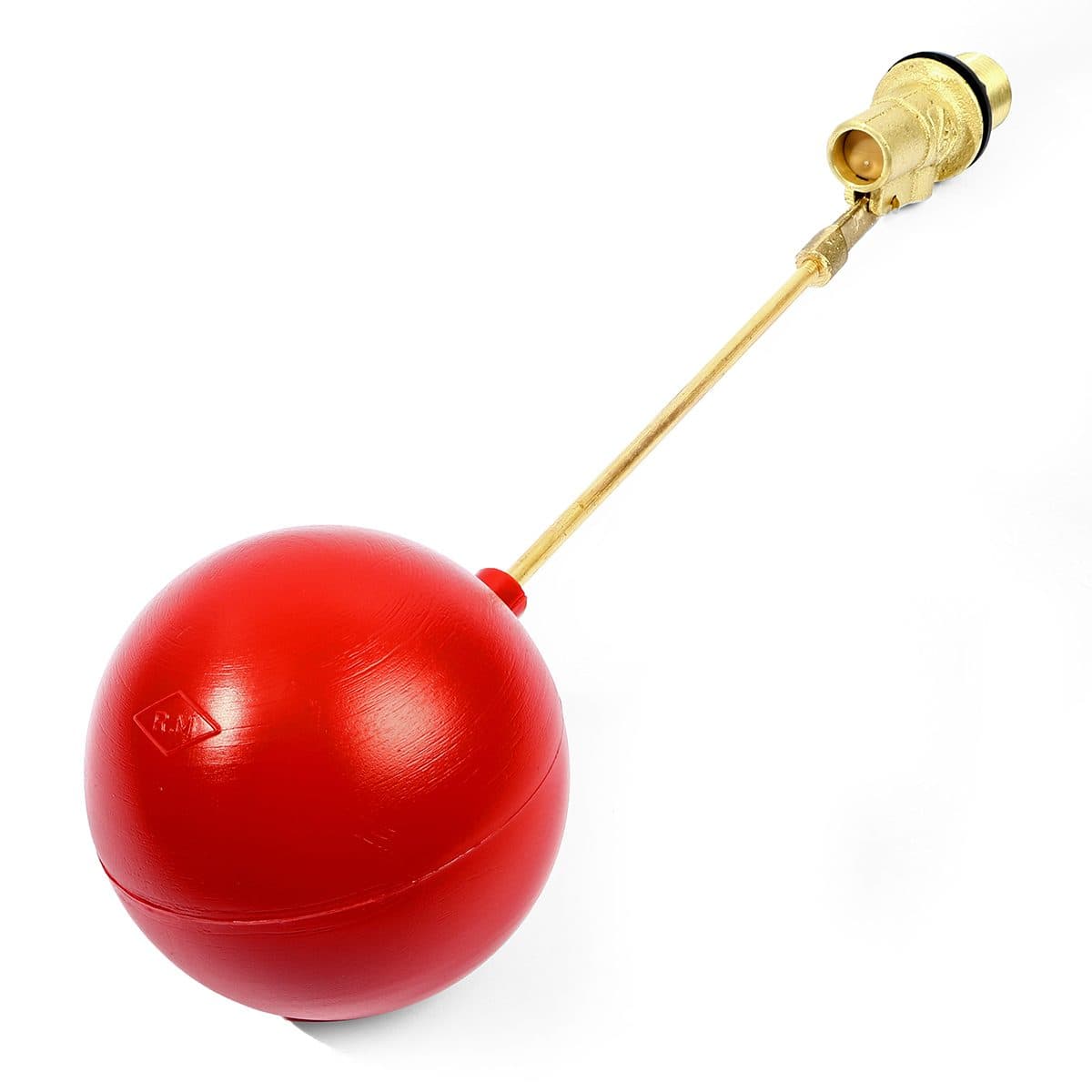 ลูกลอย พลาสติก แบรนด์ อาร์เอ็ม (RM) ขนาด 3/4 นิ้ว (6 หุน) แหวนพลาสติก + ไส้พลาสติก ใช้สำหรับติดตั้งกับแท้งค์น้ำ ทำหน้าที่เปิด-ปิดวาล์วน้ำในแ