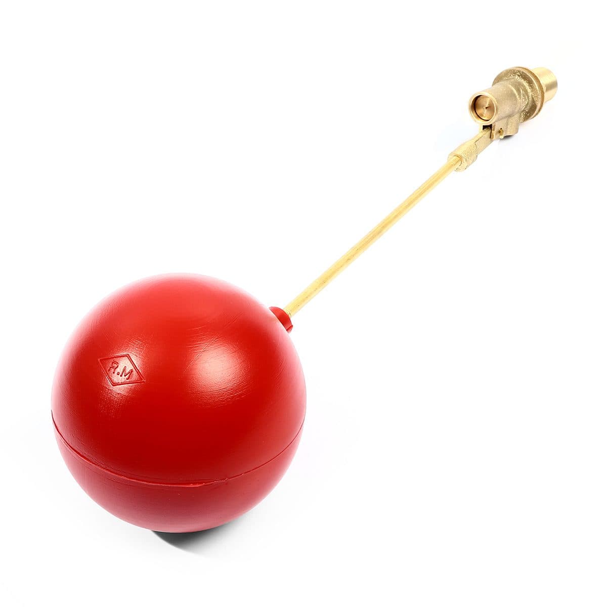 ลูกลอย พลาสติก แบรนด์ อาร์เอ็ม (RM) ขนาด 1/2 นิ้ว (4 หุน) แหวนทองเหลือง + ไส้ทองเหลือง ใช้สำหรับติดตั้งกับแท้งค์น้ำ ทำหน้าที่เปิด-ปิดวาล์วน้