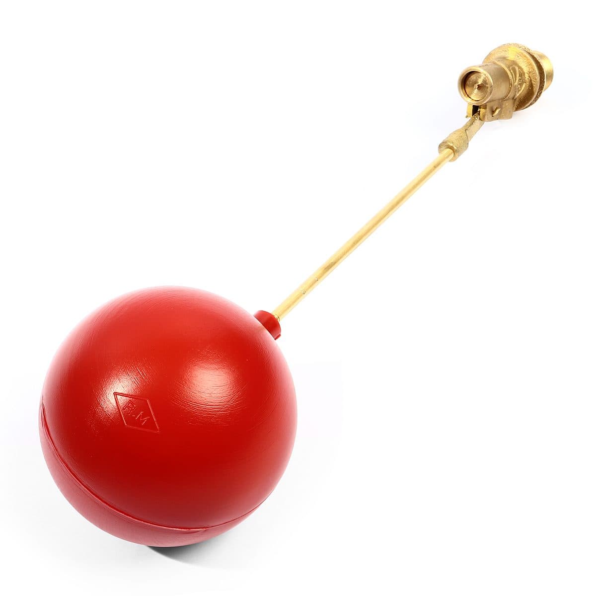 ลูกลอย พลาสติก แบรนด์ อาร์เอ็ม (RM) ขนาด 3/4 นิ้ว (6 หุน) แหวนทองเหลือง + ไส้ทองเหลือง ใช้สำหรับติดตั้งกับแท้งค์น้ำ ทำหน้าที่เปิด-ปิดวาล์วน้