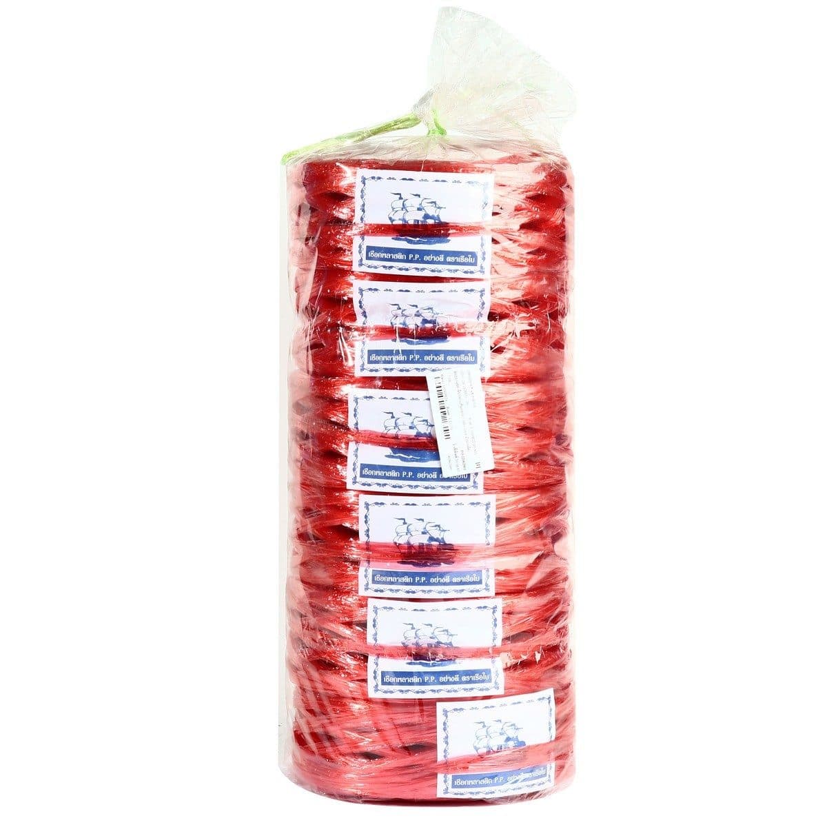 เรือใบ เชือกฟางเส้นกลาง สีแดง หน้ากว้างประมาณ 3 นิ้ว เหนียว ไม่ขาดง่าย (บรรจุ 6 ม้วน/แพ็ค)