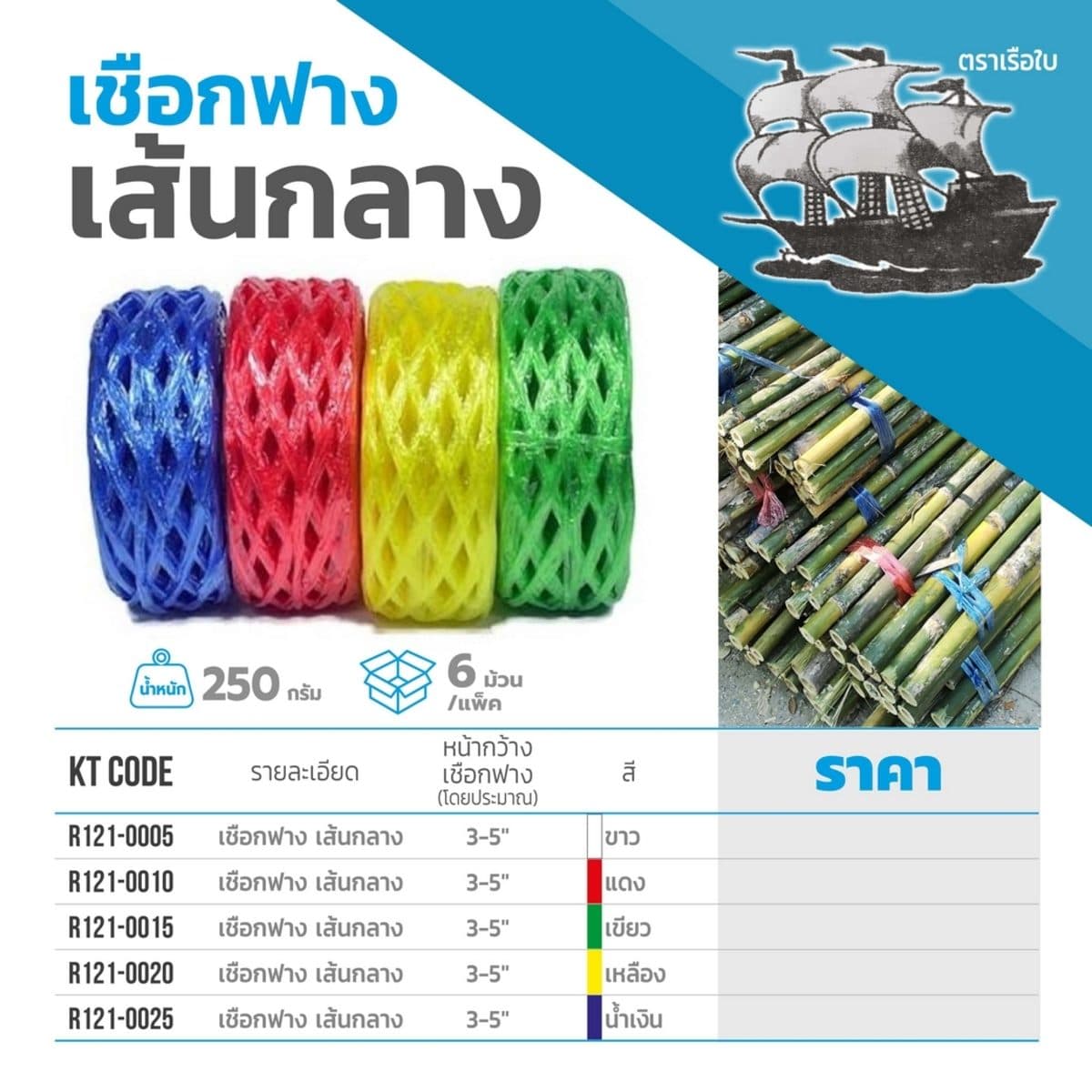 เรือใบ เชือกฟางเส้นกลาง สีแดง หน้ากว้างประมาณ 3 นิ้ว เหนียว ไม่ขาดง่าย (บรรจุ 6 ม้วน/แพ็ค)