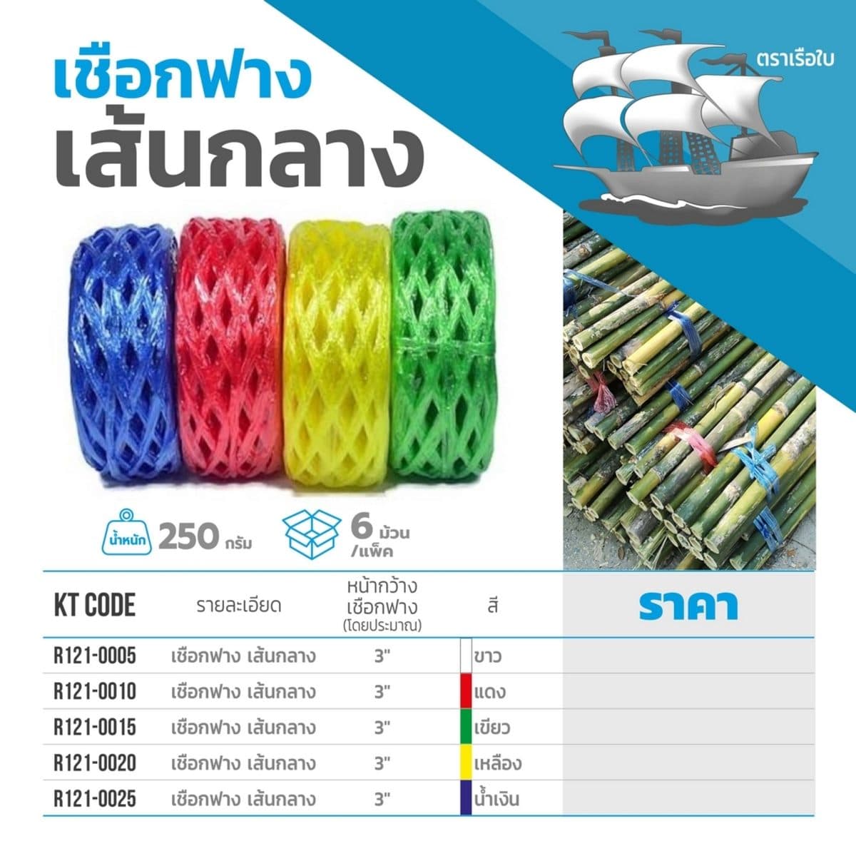 เรือใบ เชือกฟางเส้นกลาง สีน้ำเงิน หน้ากว้างประมาณ 3 นิ้ว เหนียว ไม่ขาดง่าย (บรรจุ 6 ม้วน/แพ็ค)
