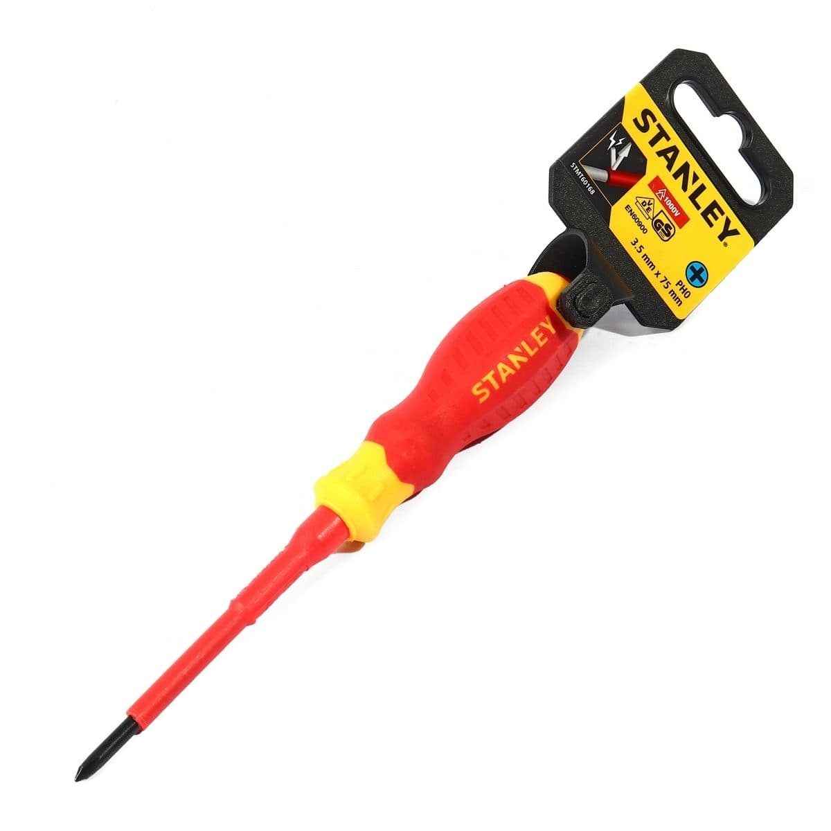 STANLEY ไขควงหุ้มฉนวนป้องกันกระแสไฟฟ้า รุ่น 60-168 ขนาด PH0x3.5x75 มม. ผ่านการทดสอบด้วยแรงไฟถึง 10,000 โวลต์ (สแตนเล่ย์)