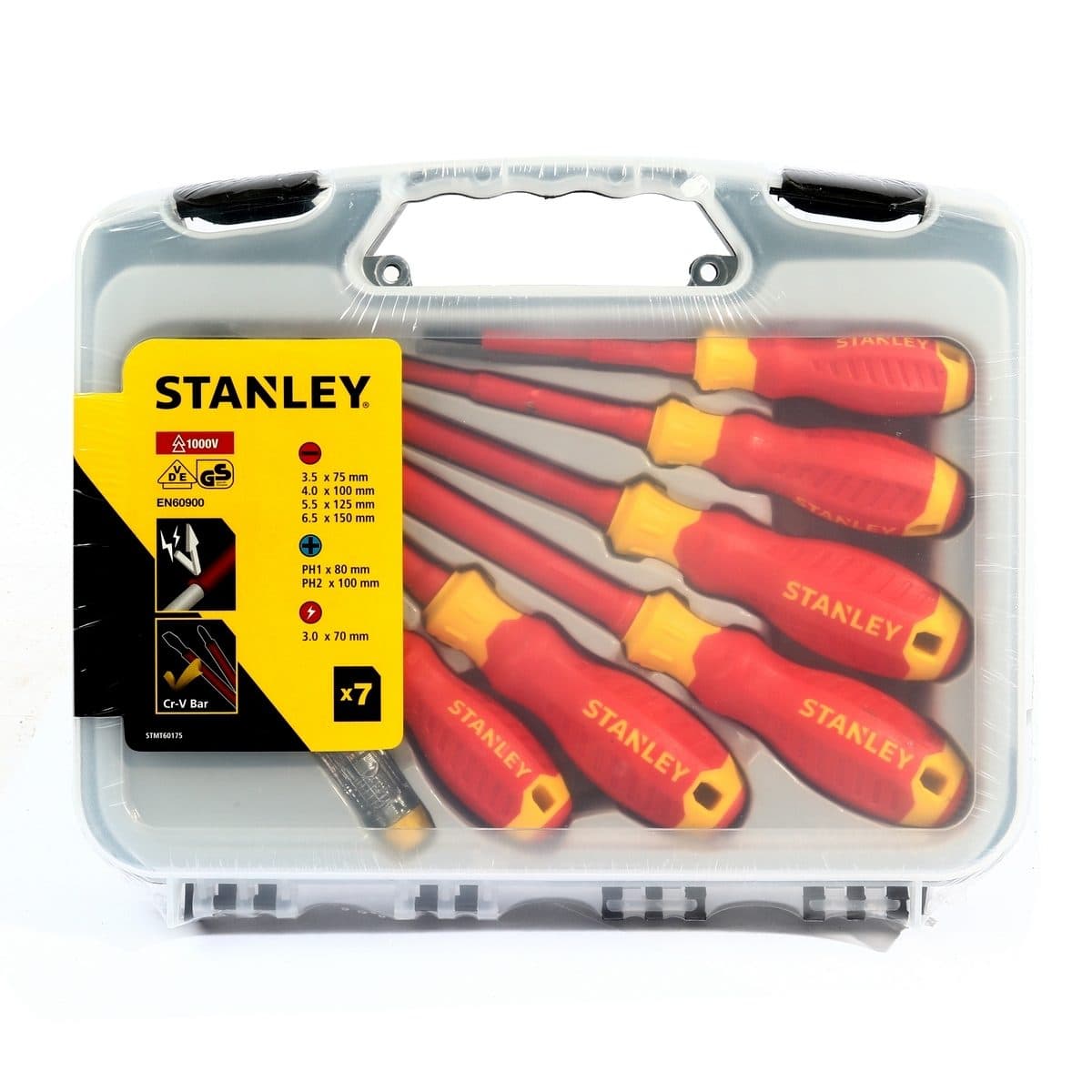 STANLEY ชุดไขควงหุ้มฉนวน 6 ชิ้น และ ไขควงวัดไฟ รุ่น 60-175 ได้รับการทดสอบกระแสไฟ 1,000 โวลต์ ก้านทำจากเหล็กโครมวานาเดียม มาตรฐาน EN60900 (สแ
