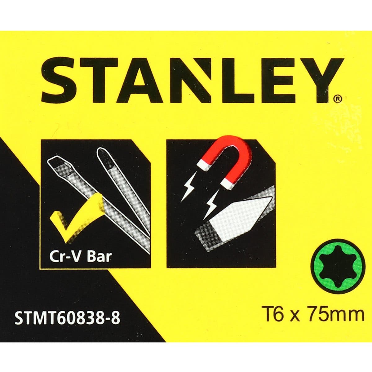 ไขควงปากจีบ 60-838 สแตนเล่ย์ (STANLEY) ขนาด T6X80 มม. ผลิตจากเหล็กเหนียวโครมวานาเดียมปลายปากไขควงเป็นแม่เหล็กชุบแข็งด้วยแบล็คออกไซด์ ก้านชุบ