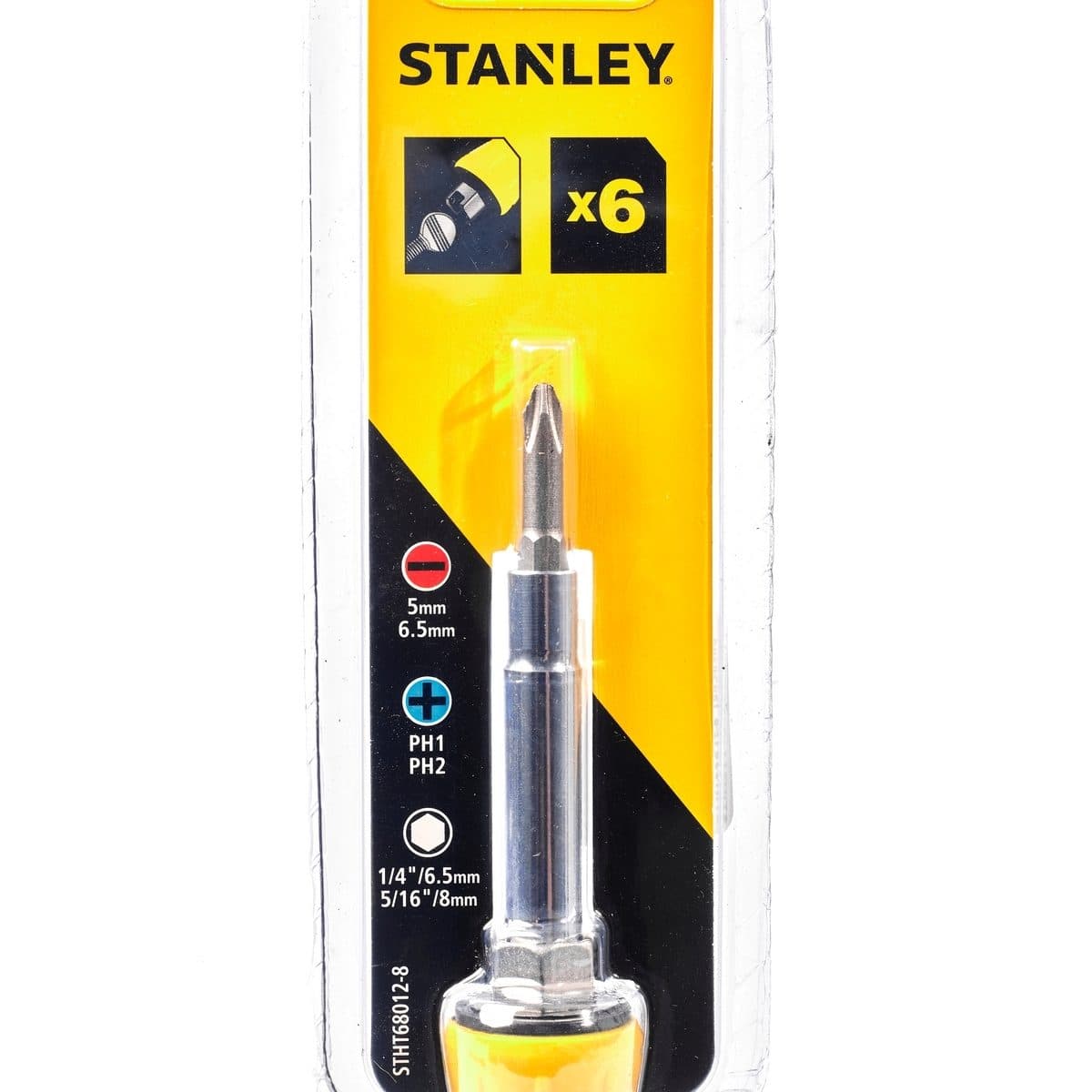 STANLEY ชุดไขควงหัวสลับ 6 ชิ้น รุ่น 68-012 ประกอบด้วย หัวแบน, หัวแฉก และหกเหลี่ยมสำหรับขัดน็อต ด้ามจับหุ้มยางกันลื่น เหมาะสำหรับการใช้งานอเน