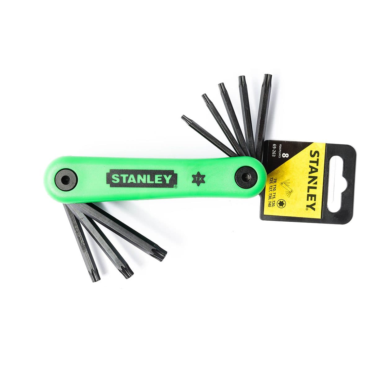 ชุดประแจแอลหัวจีบ ก้านดำ แบบพับได้ สแตนเล่ย์ (STANLEY) รุ่น 69-263 1 ชุด 8 ชิ้น ประกอบไปด้วยขนาด T9, T10, T15, T20, T25, T27, T30, T40