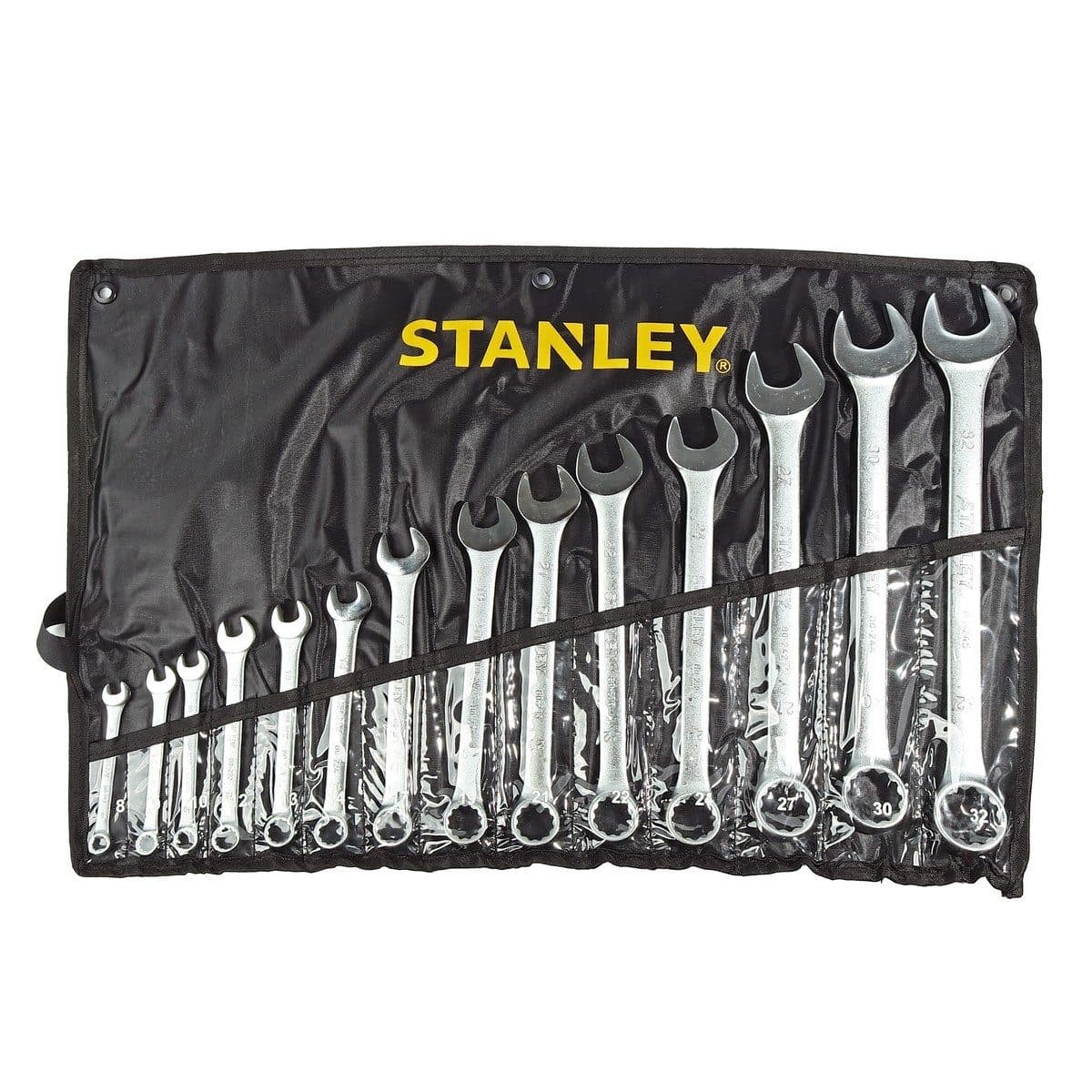 ชุดประแจแหวนข้างปากตาย 14 ชิ้น ซองผ้า สแตนเล่ย์ (STANLEY) รุ่น CWB ขนาด 8-32 มม. ในชุดประกอบไปด้วยเบอร์ 8,9,10,12,13,14,17,19,21,22,24,27,30